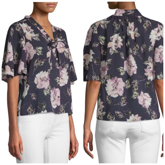 Rebecca Taylor Silk Blend Navy Magnolia Floral Button Front Scarf Blouse 4 - Picture 7 of 7